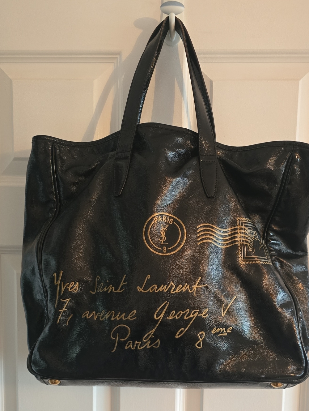 Vintage Rare Yves Saint Laurent Black Leather Tote with Gold Script Accents